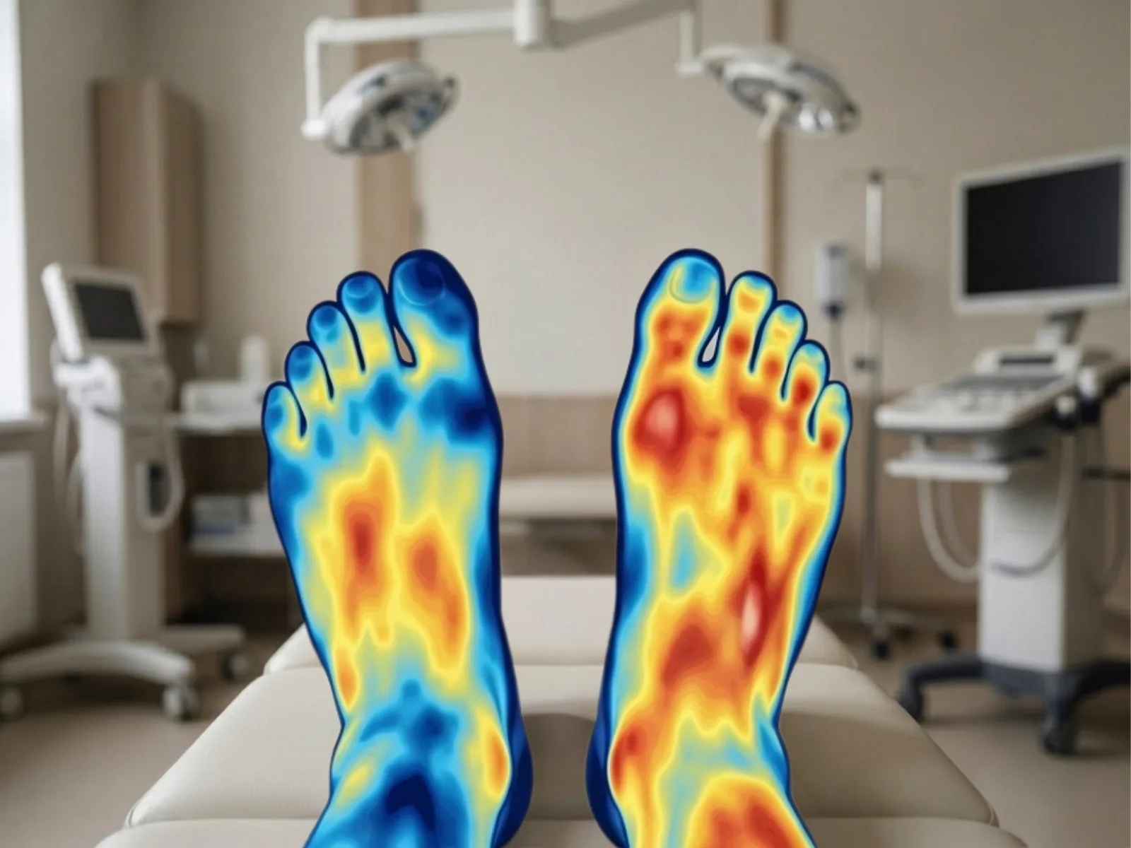 Thermal imaging of a patient's feet showing differences in blood flow
